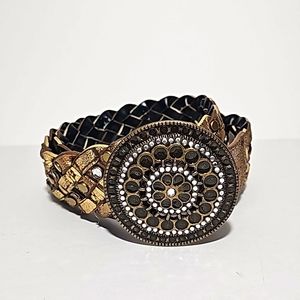 Metallic Gold with Rhinestones Braided Belt Brass Colored Rhinestone Buckle S/M